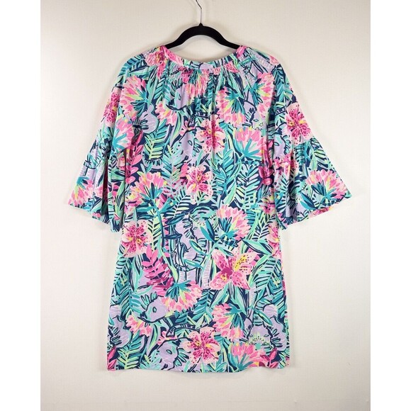 Lilly Pulitzer Dress Blue Mini Teigen Shift Floral V Neck Flared Hawaiian Small - Picture 4 of 14